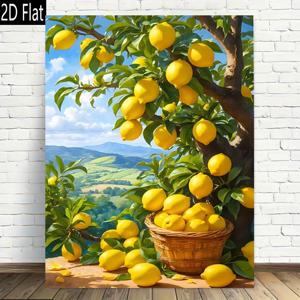 TEMU 2D 평면, 1개, 레몬 나무와 신선한 과일 바구니 프레임리스 캔버스 벽 아트 모던 빈티지 디자인, 고품질 프린팅 포스터, 우아한 홈 오피스 장식, 2D 평면