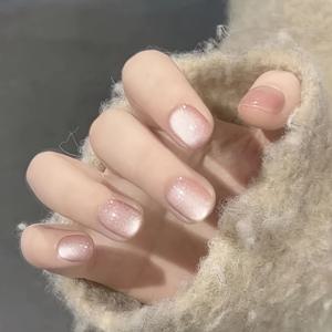 TEMU 10개입 시어 핑크 쉬머 프레스 온 네일, 짧은 타원형 광택 인조 네일, 여성용 무지개빛 누드 인조 네일, 재사용 가능한 접착식 네일, 우아한 데일리 & 캐주얼 룩, 메탈릭 데코 네일 세트