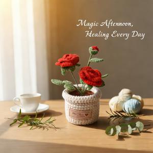 TEMU 1개 리얼리틱 니트 장미 식물 장식 - 꼬인 받침대와 화병이 포함된 인조 꽃, 차량 대시보드, 홈 테이블 센터피스, 크리스마스 장식용 - 연중 사용 가능한 미니어처 니트 식물