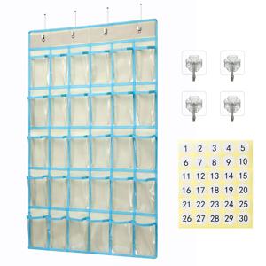 TEMU 교실용 포켓 차트 정리함 1개, 30개 포켓, 휴대폰 및 계산기 홀더, 숫자 스티커 30개 및 두 가지 유형의 고리 포함, 문걸이형 계산기 휴대폰 수납함 (포켓 30개-블랙/블루/베이지/핑크)