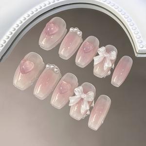 TEMU 10개입 짧은 사다리꼴 수제 인조 손톱, 귀여운 인조 네일, 핑크 네일, 하트, 리본, 탈부착 가능, 재사용 가능, 젤리 접착제 1개 및 네일 파일 1개 포함, 데일리, 직장, 학교, 데이트, 파티, 댄스에 적합