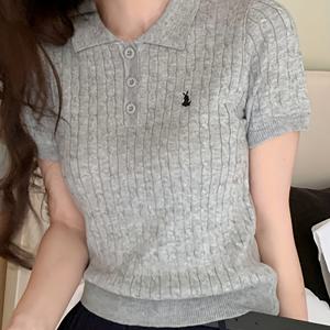 TEMU 여성용 한국 스타일 아이스 실키 섬유 셔츠 - 통기성 좋은 반팔 칼라 & 자수 로고, 생동감 넘치는 옐로우 캐주얼 여름 블라우스, 봄/여름 데일리 패션, 비침 방지 원단