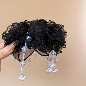 TEMU 프렌치 스타일 라이트 럭셔리 공주 아크릴 메시 레이스 트림 태슬 헤어 클립