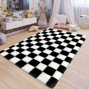 TEMU 1개, 흑백 체크무늬 에리어 러그, 거실 및 침실용 푹신하고 豪華한 카펫, 러너 매트, 침대 옆, 티/커피 테이블, 기숙사, 서재 또는 게임용 부드러운 샤기 러그, 드럼 패드, 요가 또는 피트니스 매트, 방 장식, 집 꾸미기용