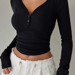 TEMU 여성용 솔리드 컬러 Y2K 스타일 버튼넥 피트드 티셔츠