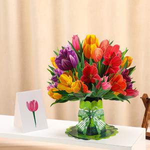 TEMU 1개, 여성들을 위한 어버이날 인사말 카드 선물, 종이 튤립 팝업 부케와 메모 카드 및 봉투가 특징이며, 발렌타인데이, 기념일, 어버이날, 회복을 빕니다.