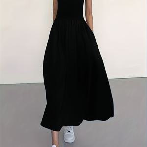 TEMU 여성용 캐주얼 민소매 미디 드레스, 라운드넥, 솔리드 컬러, 플리츠 A라인 스커트, 사계절 착용 가능