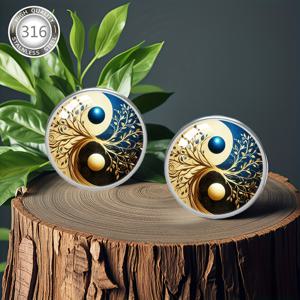 TEMU 1쌍 우아한 음양 생명의 나무 귀걸이 - 316 스테인리스 스틸 하이포알러제닉 스터드, 볼록 유리 인레이, 상징적 균형 디자인, 일상 및 파티·여행용 - 여성을 위한 완벽한 선물, 귀여운 액세서리, 독특한 광학 효과, 내구성 있는 주얼리