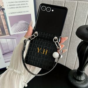 TEMU 휴대폰 케이스 - 삼성 갤럭시 Z Flip 7, 6, 5, 4용 맞춤 고급 악어 진주 손목 밴드 인조 가죽 휴대폰 케이스, 접이식 보호 커버