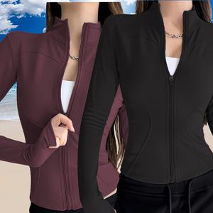 TEMU 봄 가을 여성용 2피스 세트 패셔너블 요가 스포츠 탑 재킷, 풀집업 지퍼, 허리라인 강조 커브 슬림핏, 긴소매와 핑거리스 장갑 포함, 방풍 보온, 달리기, 요가, 피트니스, 스튜디오, 외출, 데이트, 데일리웨어에 적합, 아버지의 날, 발렌타인데이, 부활절, 노동절, 초여름 & 기념일, 반기 및 아버지의 날, 이른 조류 여행 카니발 선물에 적합