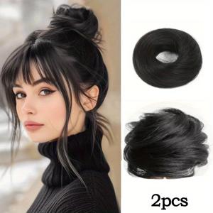 TEMU 2개 세트 메시 번 스크런치 헤어피스 - 인모 쉬뇽 헤어피스, 업두 헤어 번 헤어 익스텐션 여성용, 토슬드 탄성 밴드 헤어 번, 데일리 라이프 및 휴가 스타일에 적합한 쉬운 헤어 스타일 액세서리
