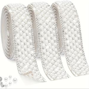 TEMU 3롤 진주 라인스톤 리본, 자체 접착 라인스톤 테이프 진주 랩 롤 스티커 블링 라인스톤 스트랜드 진주 스트립 트림 DIY 공예 웨딩 생일 파티 크리스마스 장식용