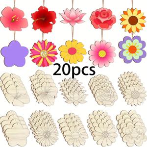 TEMU 미완성 나무 꽃 장식 20개입, 크기 3.15인치(약 8.0cm), 프로젝트용으로 디자인, 공예 및 걸이 장식용으로 10가지 스타일 제공