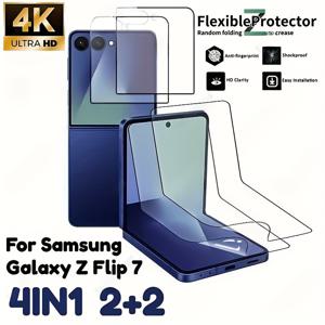 TEMU Samsung Galaxy Z Flip7 호환 2+2, 4-in-1 케이스 포함, 소프트 TPU 필름 2개 및 강화 유리 액정 보호 필름 2개 - 고화질, 기름 방지, 지문 방지, 종합적인 보호