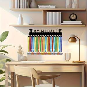 TEMU 15.8인치 x 3.74인치의 블랙 메탈 스포츠 메달 홀더 (벽걸이형). 설치가 용이하며 최대 60개 메달 및 리본을 수납할 수 있어, 러닝 및 축구 경기의 수상에 적합합니다.