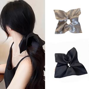 TEMU 2개 세트 우아한 새틴 헤어 타이, 블랙 & 실버 스퀘어 스카프 헤어밴드 여성용 - 고탄력 무손상 포니테일 홀더, 광택 텍스처 & 다용도 스타일, 데일리 웨어/세안, 운동 헤어스타일, 일상 헤어 스타일링, 스타일리시 헤어 액세서리