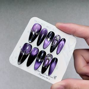 TEMU 분리형 순수 수제 착용형 네일 스티커 10개, 블랙 퍼플 그라데이션 우아한 기질, 캣아이 인레이드 디자인, 다양한 사이즈, 야외 스포츠 여행 업무용으로 적합, 아름다움을 위한 첫 번째 선택