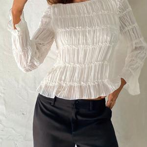 TEMU 2026 봄 신상 화이트 긴팔 여성 셔츠 스타일리시 반투명 보트넥 블라우스 캐주얼 패션 여성용 숏 탑