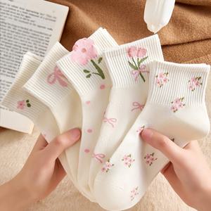 TEMU 5켤레 'S 플로럴 & 나비 프린트 앵클 삭스 | 화이트 & 핑크 골지 탄성 커프스, 통기성, 봄 여름 캐주얼, 세탁기 사용 가능, 편안한 신발, 여성스러운 디자인