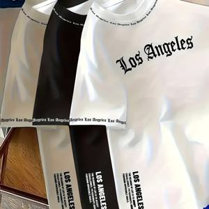 TEMU 남성용 로스앤젤레스 고딕 폰트 3D 올오버 프린트 티셔츠 3개 세트 - 화이트 바탕에 블랙 로고 및 도시 이름, 반팔 캐주얼 스트리트 스타일, 라운드 넥, 기계 세탁 가능, 스포츠 팬 및 테마 의류를 위한 어반 패션