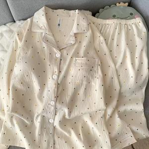 TEMU 고품질 스팟 스타일 청소년 파자마, 신상 봄/가을 스타일, 작은 칼라, 편안한 수면 가디건, 긴소매, 긴 바지, 물방울 무늬 라운지웨어 세트, 캐주얼 외출에 적합, 루즈핏 투피스 세트, 십대용