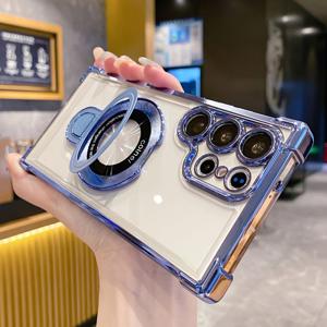 TEMU 휴대폰 케이스 - 투명 전기 도금 마그네틱 스탠드 보호 케이스, 사각형 에어 쿠션, 삼성 S25 FE, S25 Ultra, S25 Plus, S25, S24 FE, S24, S23, S22 Plus, S21 Ultra용 디자인