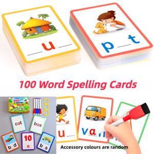 TEMU 100장 양면 단어 맞춤법 카드, 재사용 가능한 닦아쓰기 맞춤법 카드, CVC 짧은 모음 파닉스 학습 카드, 파닉스 교구, 교실 및 홈스쿨 용품, 재료, 생일 선물