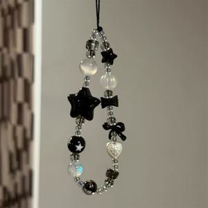 TEMU 1개 Y2K 블랙 스타 리본 하트 폰케이스 체인 키체인 CCD 액세서리 펜던트 휴대폰 분실방지 범용 랜야드 스트랩