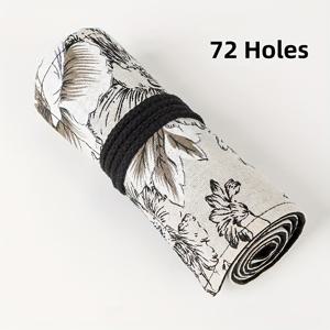 TEMU 창의적인 수제 검은색 모란 롤 필통, 12/24/36/48/72구, 스케치 용품 대용량, 드로잉 색연필 상자, 간편한 문구류 케이스, 메이크업 브러쉬 보관 가방