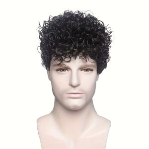 TEMU 남성용 스타일리시 블랙 숏 컬리 가발, 길이 10인치, 고온 저항 합성 섬유 재질, 일상복, 축제, 나이트클럽, 파티 및 할로윈 코스튬에 적합