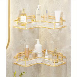 TEMU 우아한 골드 코너 선반 2개 세트, 미용 용품 및 개인 관리 용품을 위한 접착식 벽걸이 수납, 스타일리시한 욕실 수납 솔루션
