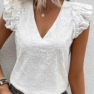 TEMU 우아한 V넥과 속이 빈 디자인의 상의, 나비 소매와 러플 장식이 특징입니다.