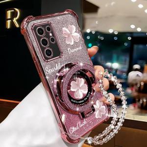 TEMU 폰 케이스: 럭셔리 클로버 에어백 손목 스트랩 자석 글리터 폰 홀더 케이스 갤럭시 S24 울트라 갤럭시S24울트라용 충격 방지 스탠드 백 커버