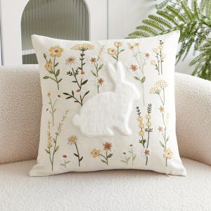 TEMU 1개, 부활절 천연 면 혼합 쿠션 커버, 부활절 야생 꽃 토끼 휴일 베개 커버, 단일 면 자수, 17.7*17.7인치, 소파, 거실, 침실 홈 장식에 적합, 베개 코어 없음