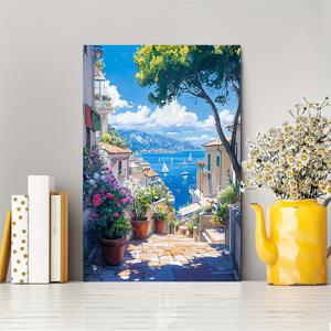 TEMU 2D 플랫, 2D 플랫, 1개 나무 프레임 캔버스 아트워크, 이탈리아 풍경, 꽃과 화분이 아름다운 유화, 벽 장식에 적합, 누구에게나 이상적인 휴일 선물, 즉시 걸 수 있는 제품