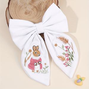 TEMU 여아용 자수 토끼 헤어 보우 클립 1개, 귀여운 토끼 리본 머리핀, 일상 파티 드레스용 귀여운 헤어 액세서리, 부활절 라마단 모자란꽃 엄마 선물