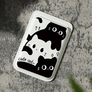 TEMU 아이폰용 럭셔리 패셔너블한 블랙 & 화이트 고양이 패턴 인공 PU 가죽 자석 카드 홀더, 아이폰 16 15 14 프로 맥스 KA1 PU 가죽 지갑 부착물, 1-2장의 카드 보관, 내장 보안 포켓 장착