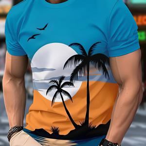 TEMU 남성용 트로피컬 팜 트리 그래픽 티셔츠 - 캐주얼 반팔, 생기 넘치는 블루 & 오렌지 디자인, 부드러운 폴리에스터, 세탁기 사용 가능, 라운드넥, 레귤러 핏, 비치웨어 | 여름 분위기 탑 | 내구성 있는 소재