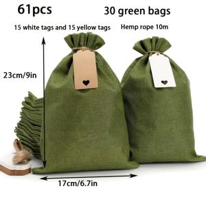 TEMU 61피스 황마백 세트, 아미그린 & 버건디 - 30 봉지 + 30 태그 + 1롤의 끈 (부활절, 결혼식, 파티, 숙취선물용), DIY 홈데코 수제드로우스트링백, 손글씨로 작성한 축복말과 함께 사용가능한