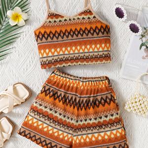 TEMU 여름 여아 패션 기하학적 민소매 컬러 블록 탱크 탑 & 반바지 투피스 세트, 해변 휴가 및 야외 활동용