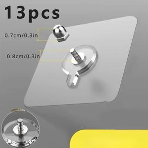 TEMU 플라스틱 재질의 접착식 후크 13개 세트. 못 없이 무거운 물품을 걸 수 있도록 설계되었습니다. 방수 및 녹 방지 기능이 있는 이 벽걸이 후크는 주방, 욕실, 가정 및 사무실의 벽면 프레임 설치에 적합하며, 다용도 후크입니다.