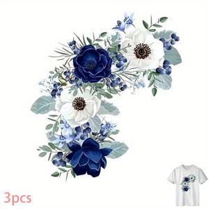 TEMU 3개 블루 플라워 티셔츠 열전달 패치 DIY 핫 전사 데칼 의류 장식, 컷 가능한 고품질 소재의 아이언온 트랜스퍼 - 백팩, 베개에 적합, 쉬운 적용 및 내구성 높은 방수 이미지