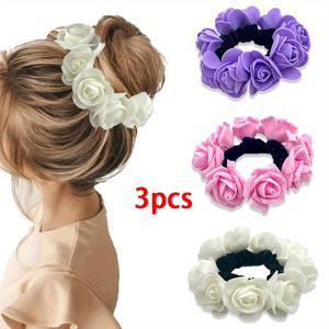 TEMU 스타일 레드 컬러 장미 머리끈 3개 세트 | 시뮬레이션 플라워 고탄력 헤어밴드, 요정 스타일 헤어 액세서리, 웨딩 신부 휴가 액세서리, 데일리 파티 헤어스타일링 도구, 손상 없는 헤어 액세서리 세트