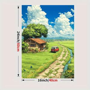 TEMU 2D 플랫, 2D 플랫, 1개 안녕 시골 아트워크 (블루 스카이 아래 애니메이션 스타일의 캐빈, 쌀밭 묘사). 이 캔버스 프린트는 벽 장식으로 사용되며, 홈 데코레이션에 이상적이며 완벽한 선물 또는 축제 장식이 됩니다.