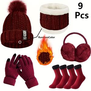 TEMU 9피스 겨울 따뜻한 크리스마스 야외 스포츠 의상 세트: 따뜻한 모자, 목 보호대, 터치스크린 장갑, 보온 손 & 발 보호, 부드러운 귀 덮개 & 바닥 양말 – 크리스마스 파티에 완벽