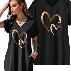 TEMU 봄/여름 블랙 V넥 드레스 플러스 사이즈 티셔츠 드레스 - 프린트 반팔 티셔츠 드레스 - 캐주얼 편안함 - 봄/여름 필수 아이템 - 데일리, 데이트, 캐주얼 행사용/여름 드레스/드레스/기하학 패턴/1개/플러스 사이즈 여성 의류