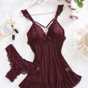 TEMU 로맨틱 스타일 파자마 세트, 솔리드 컬러 레이스 캐미솔 나이트가운과 동일한 색상의 레이스 쇼츠 세트, 세부 장식 리본과 삼중 루프 버클, 생기 넘치는 플리츠 스커트, 휴일 아웃핏 - 그녀를 위한 이상적인 선물