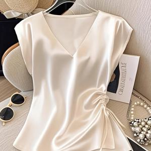 TEMU 여성 솔리드 컬러 새틴 V넥 셔츠, 플리츠 디테일 | 봄/여름/가을용 우아한 드로우스트링 디자인