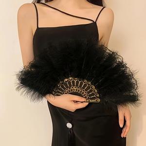 TEMU 인기 할로윈 파티 공연용 여성용 댄스 부채, 펜던트가 달린 우아한 레이스 퍼지 댄스 공연용 부채, 우아한 부채