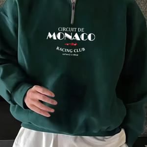 TEMU MONACO 그래픽 프린트가 있는 남성용 기모 안감 스웨트셔츠, 캐주얼 웨어용 하프 지퍼 풀오버, 편안한 원단으로 제작